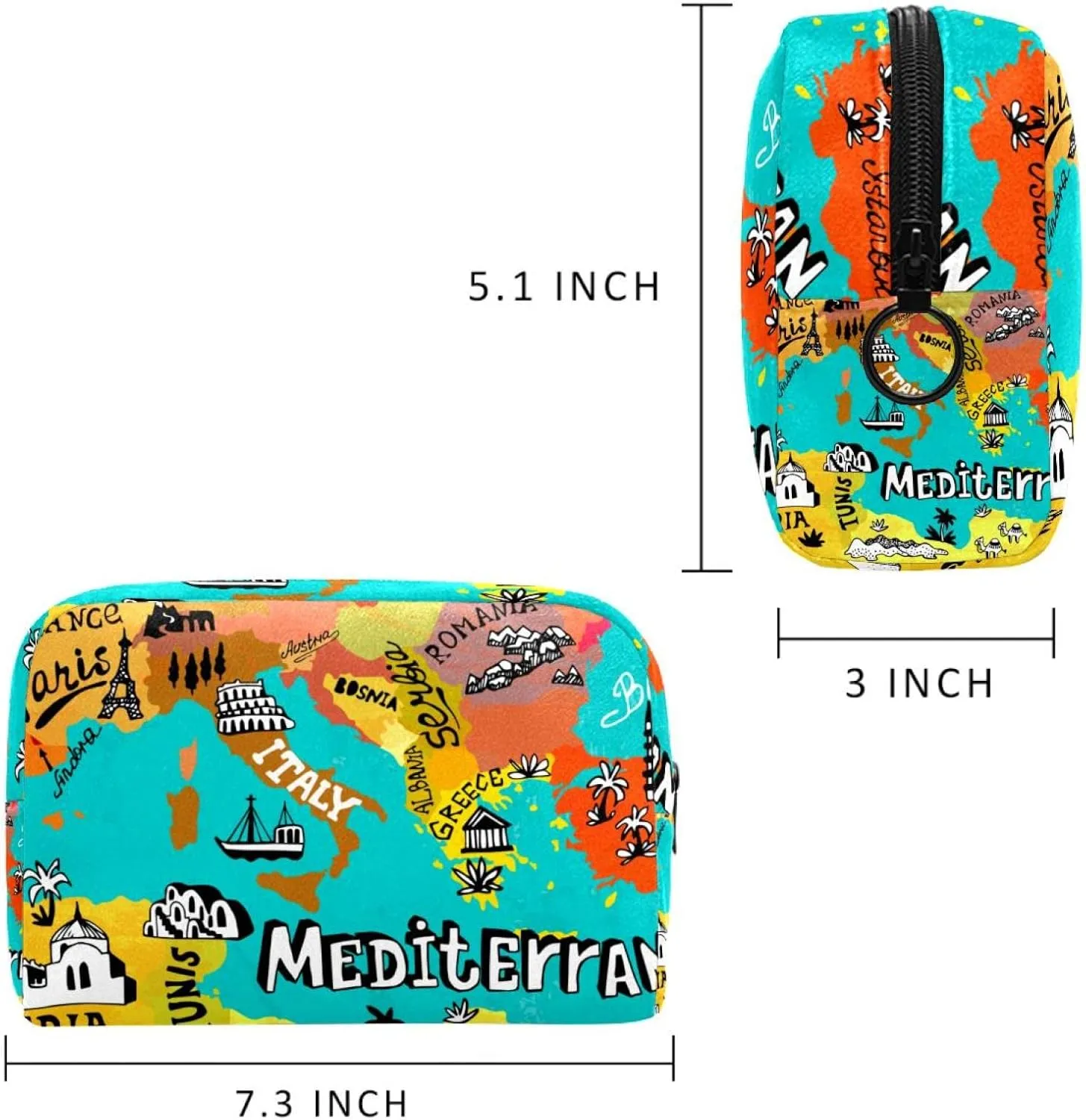Travel Makeup Bag for Women, Map of Mediterranean Travel Cosmetic Bag Pencil Case Portable Makeup Pouch Toiletry Bag for Girls