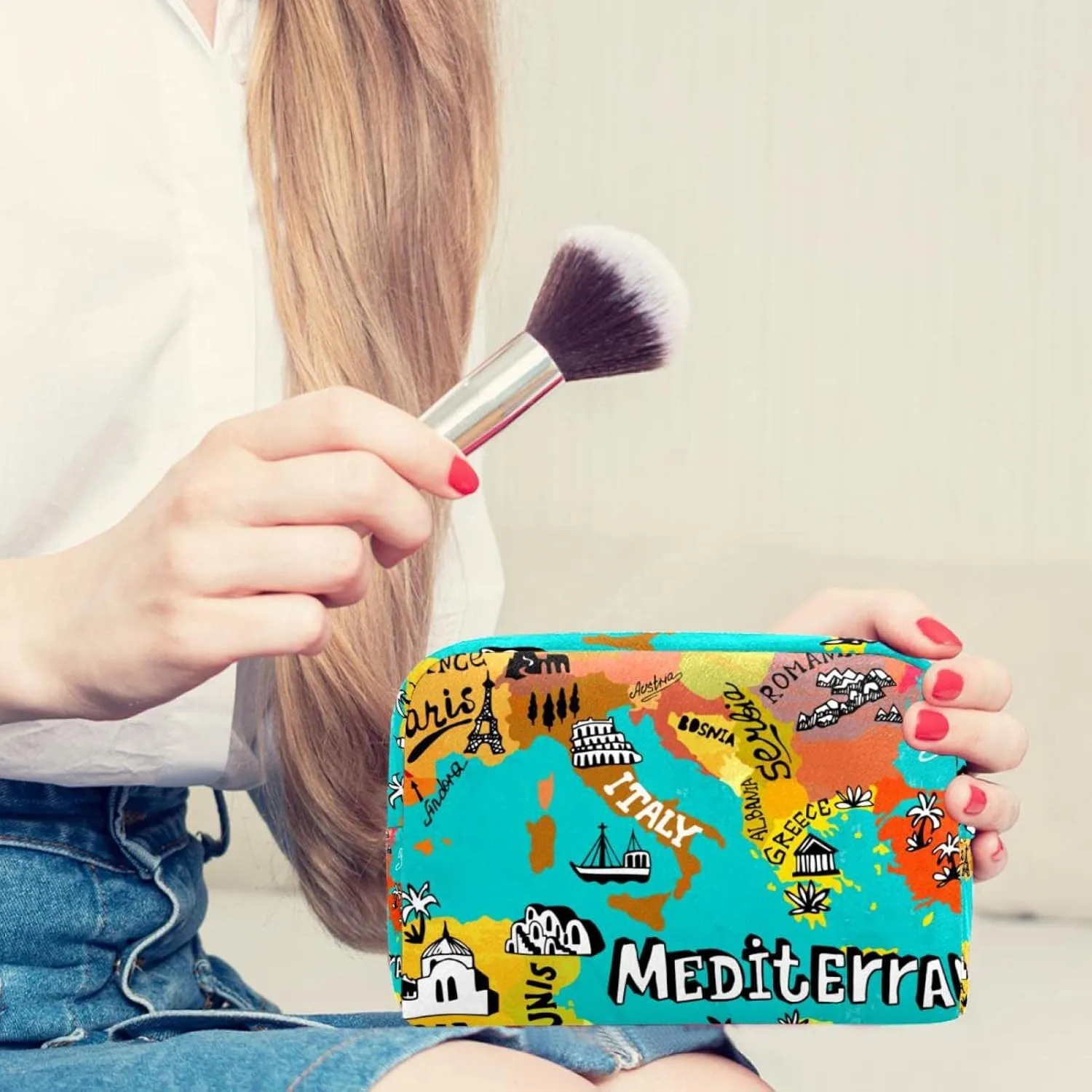 Travel Makeup Bag for Women, Map of Mediterranean Travel Cosmetic Bag Pencil Case Portable Makeup Pouch Toiletry Bag for Girls