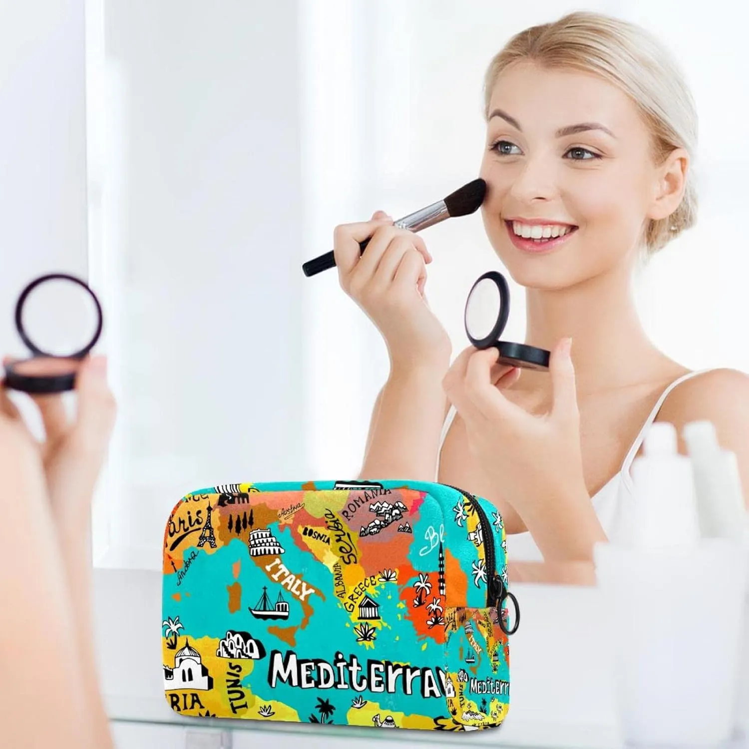 Travel Makeup Bag for Women, Map of Mediterranean Travel Cosmetic Bag Pencil Case Portable Makeup Pouch Toiletry Bag for Girls