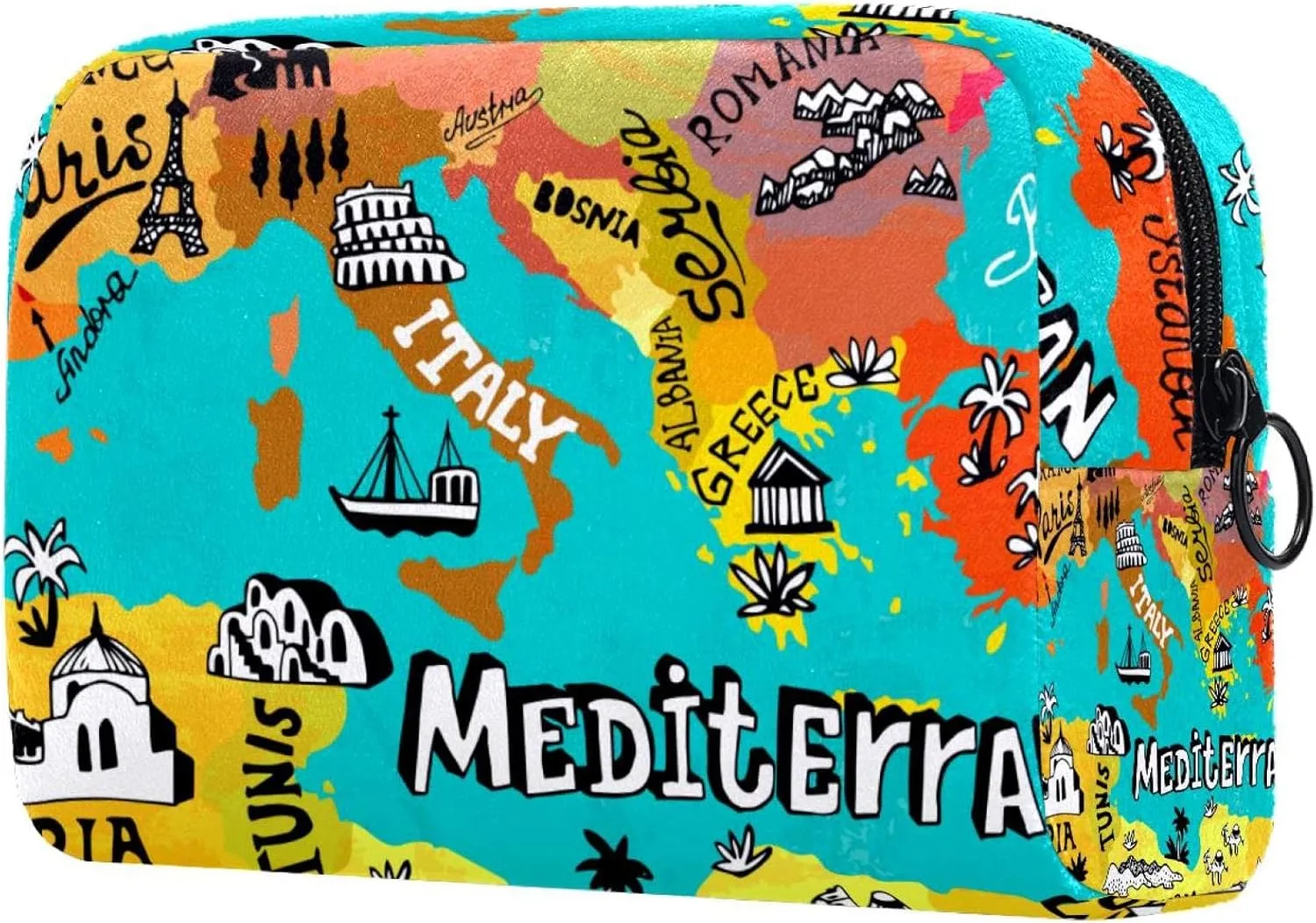 Travel Makeup Bag for Women, Map of Mediterranean Travel Cosmetic Bag Pencil Case Portable Makeup Pouch Toiletry Bag for Girls