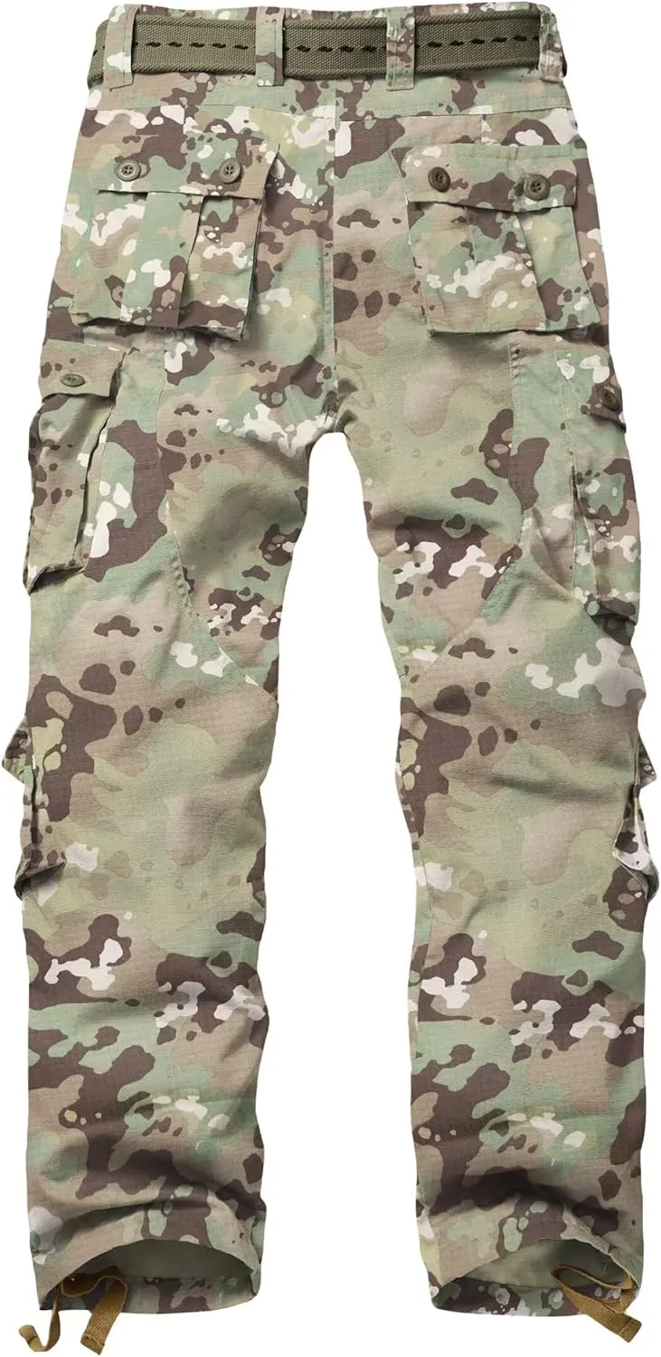 TRGPSG Men's Hiking Pants, Outdoor Ripstop Wild Cargo Pants, Multi-Pocket Army Camo Pants, Lightweight Casual Pants