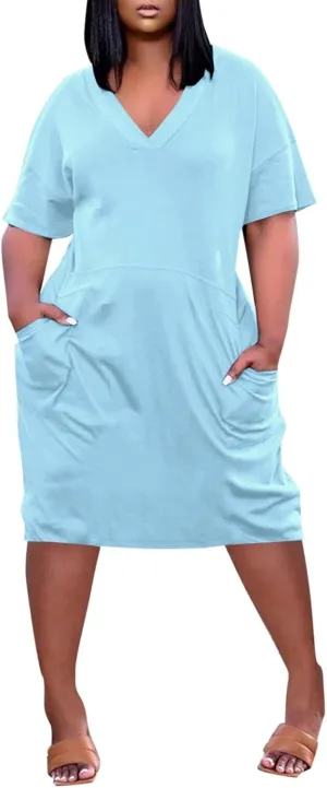 Tshirt Dress Women Plus Size Summer Loose V Neck Short Sleeve Tunic Knee Length Dress Simple Lounge Dresse with Pockets