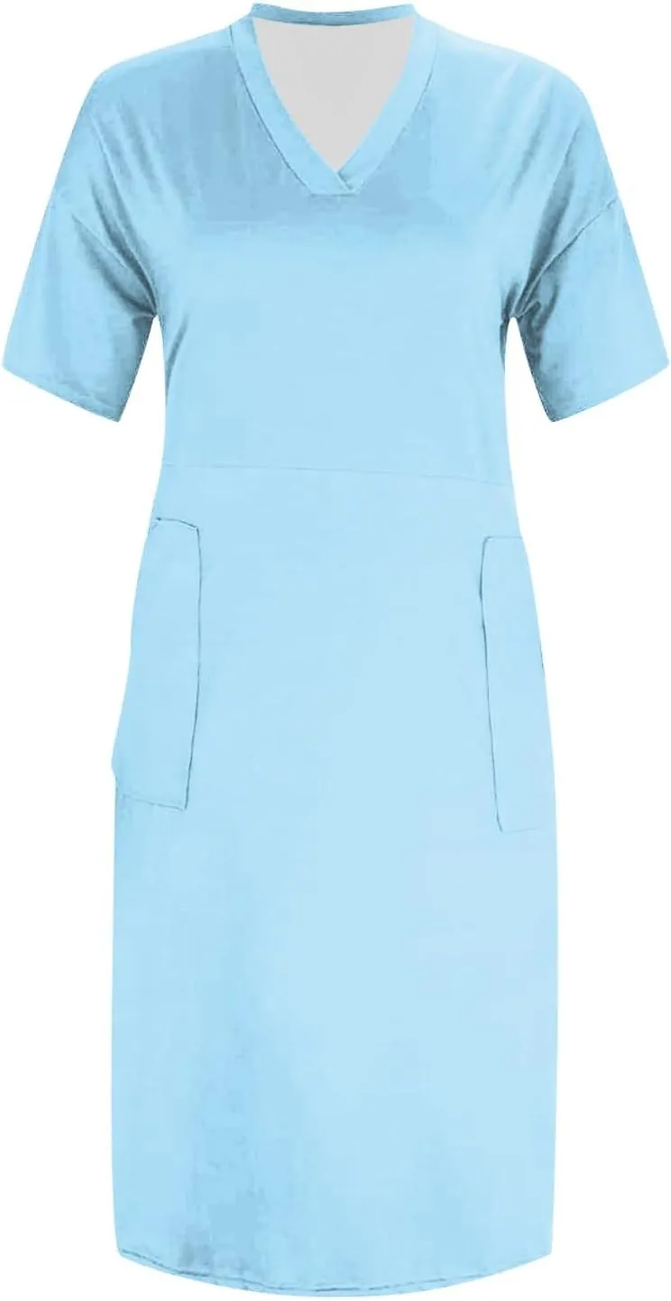 Tshirt Dress Women Plus Size Summer Loose V Neck Short Sleeve Tunic Knee Length Dress Simple Lounge Dresse with Pockets