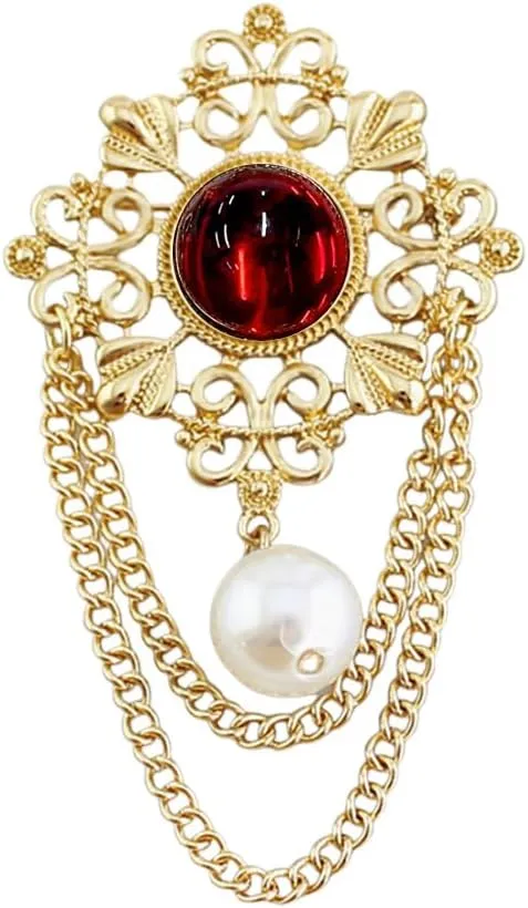 Vintage Round Red Resin Pearl Filigree Flower Chain Tassel Brooches Lapel Pins for Women Party Dance Banquet Dainty Boho Gold Dangle Drop Pin Dress Suit Clothes Accessories Jewelry