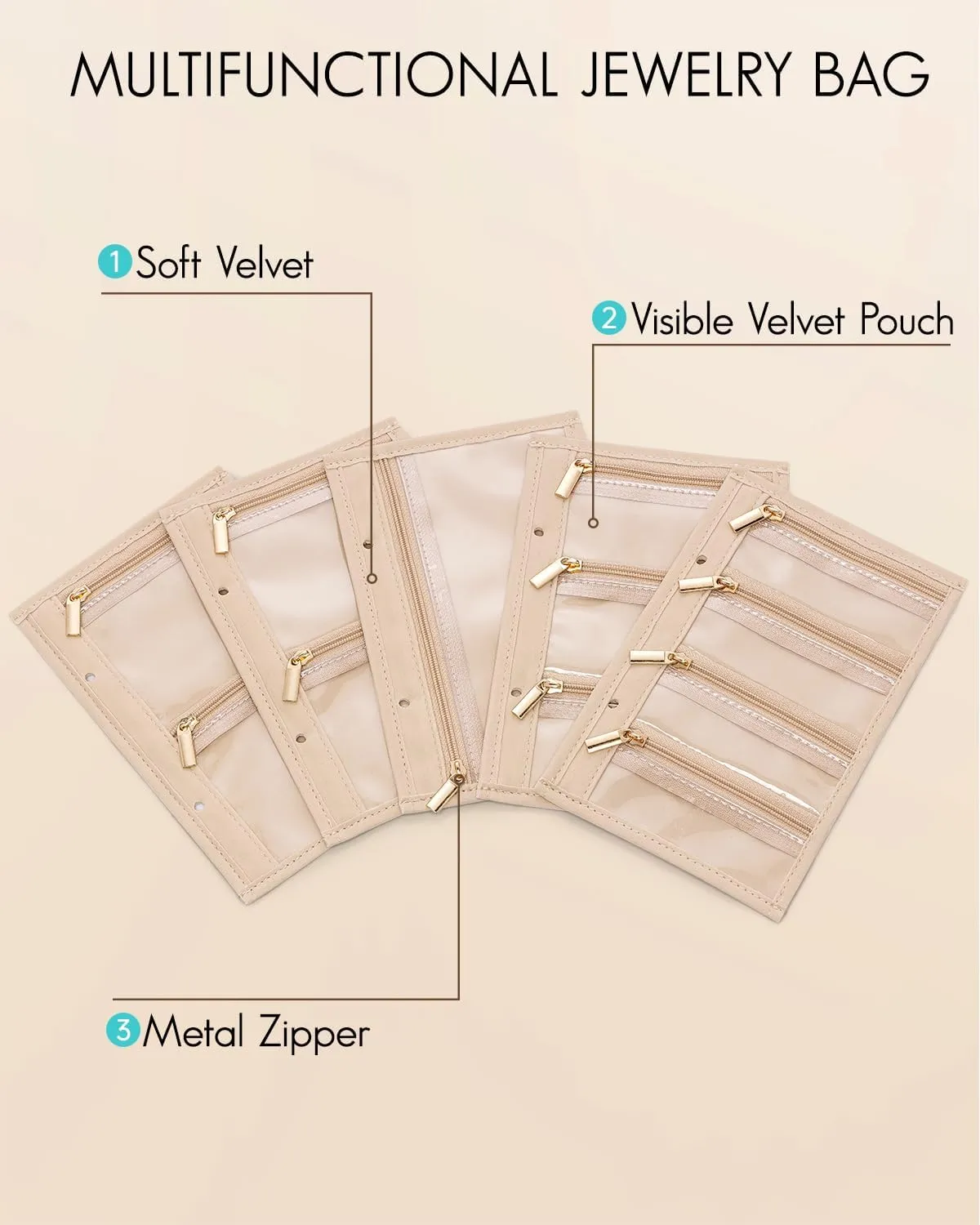 Vlando Jewelry Box for Girls Women,5 Pcs Jewelry Bags,Display Portability Jewelry Pouch Storage for Gem Diamond Necklaces Rings Earrings Bracelets