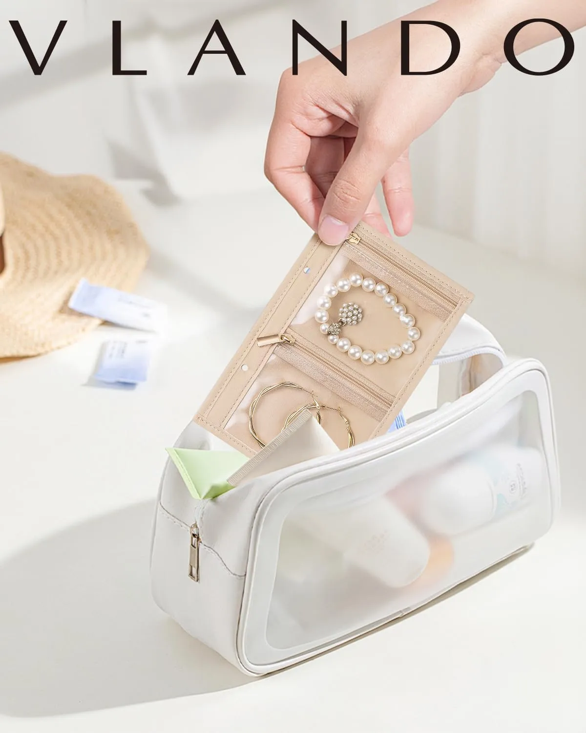 Vlando Travel Jewelry Bags,Jewelry Storage Pouch,5 Pcs Clear Velvet Zipper Pockets Bag for Travel Business Trip Jewelry Organizer for Women Girls