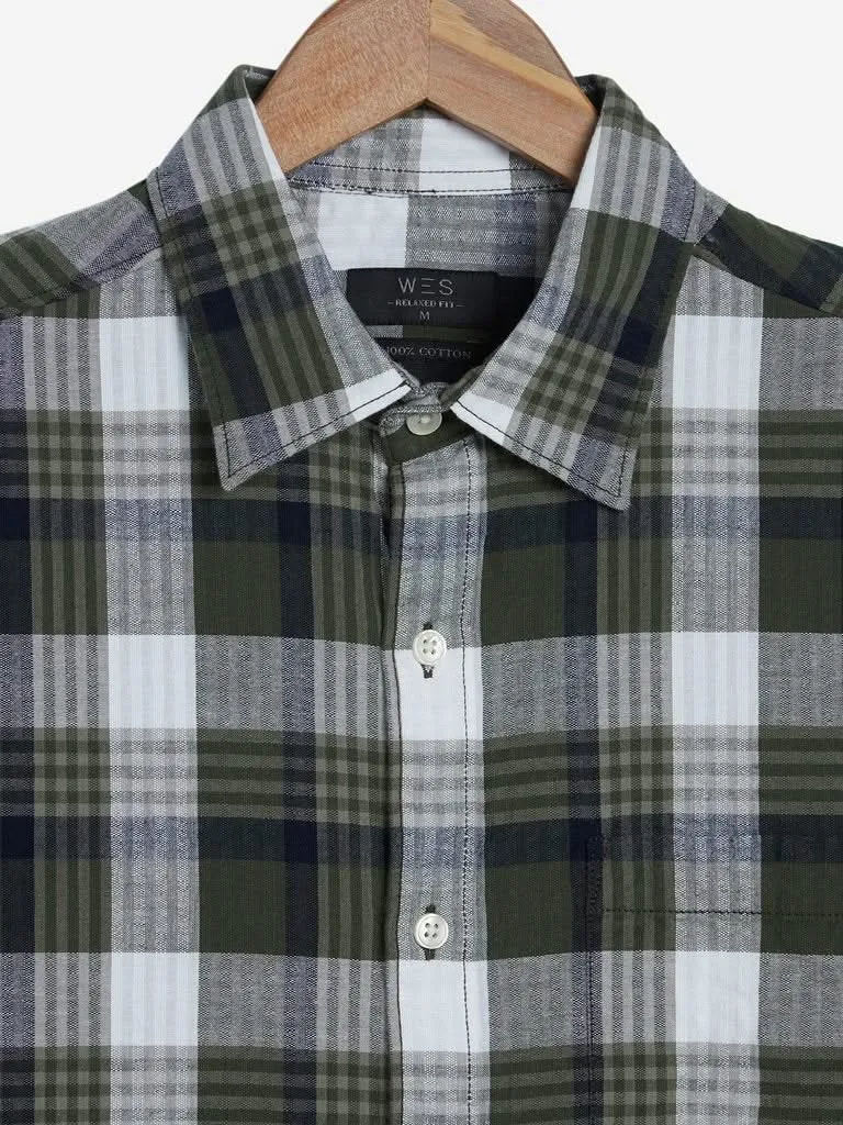WES Casuals Olive Checkered Relaxed Fit Shirt