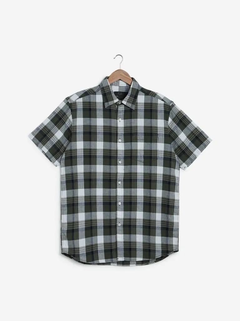 WES Casuals Olive Checkered Relaxed Fit Shirt