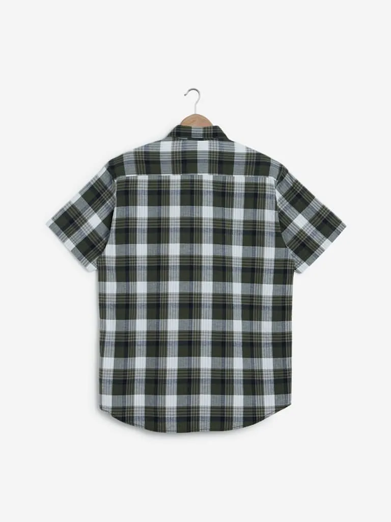 WES Casuals Olive Checkered Relaxed Fit Shirt
