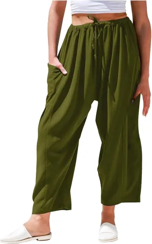 Wide Leg Pants Woman Linen Drawstring Low Rise Harem Pants Fashion Cropped Palazzo Pants Casual Summer Pants