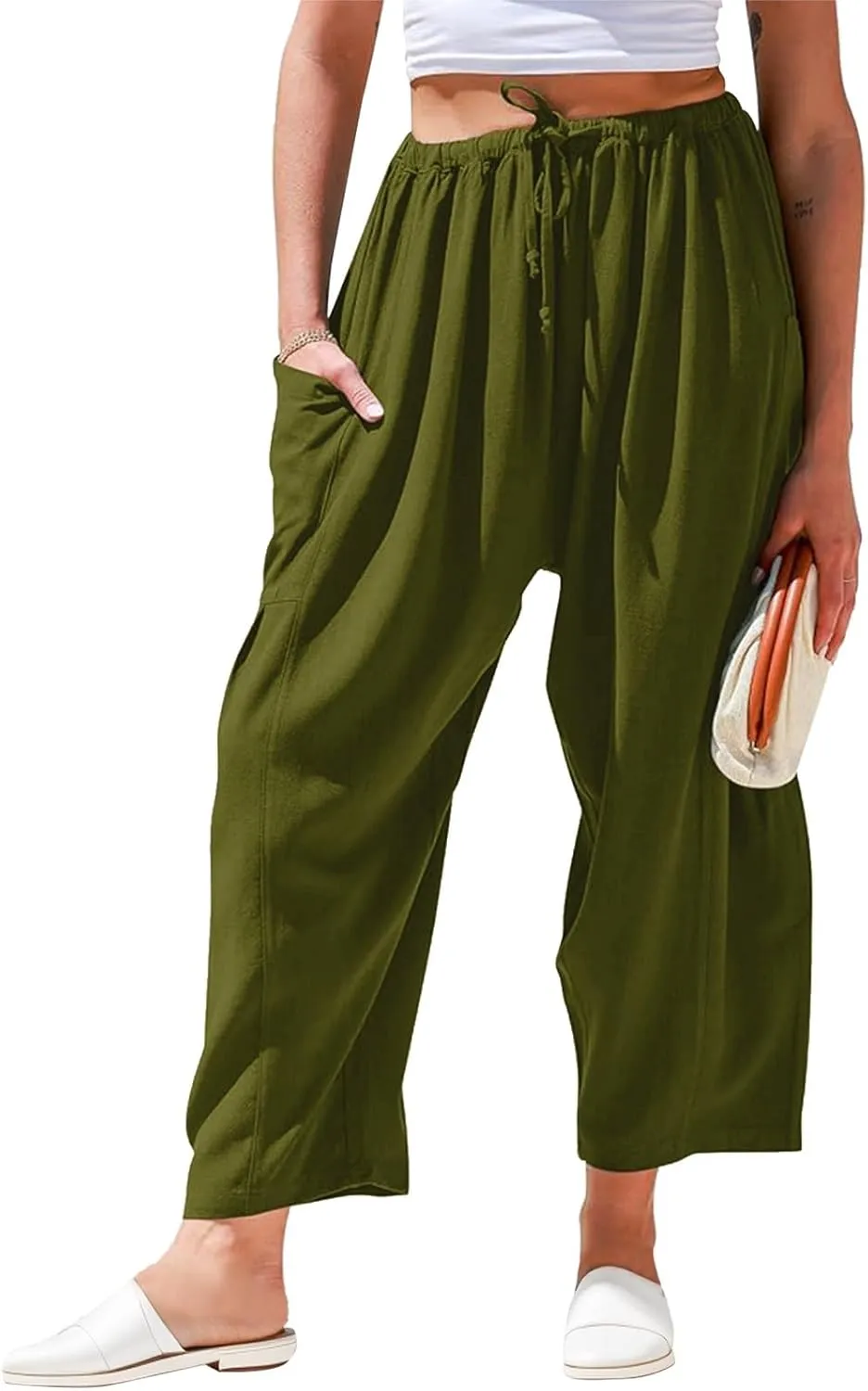 Wide Leg Pants Woman Linen Drawstring Low Rise Harem Pants Fashion Cropped Palazzo Pants Casual Summer Pants