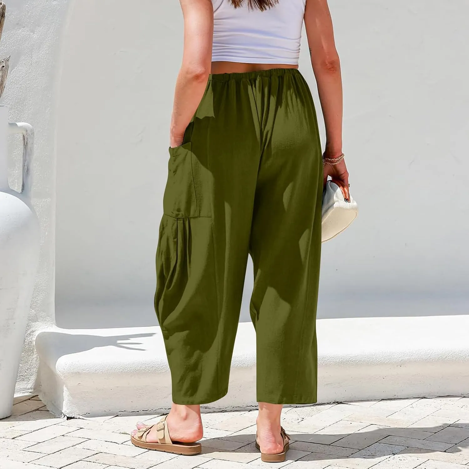 Wide Leg Pants Woman Linen Drawstring Low Rise Harem Pants Fashion Cropped Palazzo Pants Casual Summer Pants
