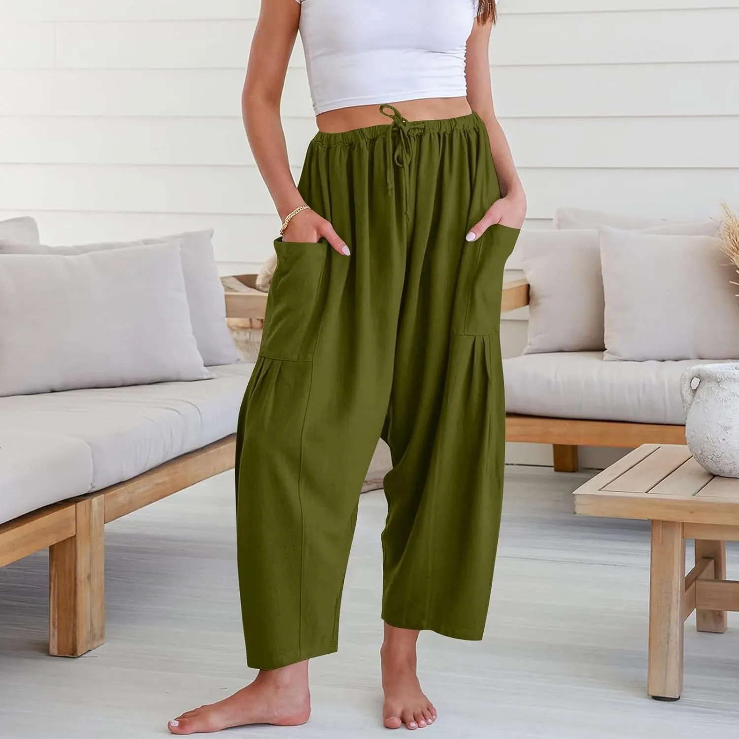 Wide Leg Pants Woman Linen Drawstring Low Rise Harem Pants Fashion Cropped Palazzo Pants Casual Summer Pants