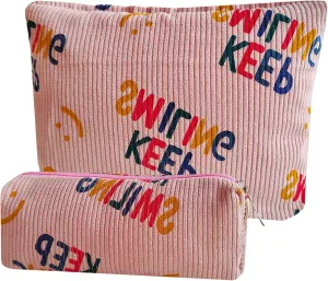 Women Makeup Bag - Corduroy Cosmetic Bag and Cosmetic Brush Bag Set of Two,Fashion Cosmetic Organizer,Sister Gift,Large Capacity Travel Toiletry Bag(pink letters)