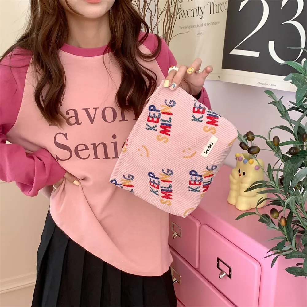 Women Makeup Bag - Corduroy Cosmetic Bag and Cosmetic Brush Bag Set of Two,Fashion Cosmetic Organizer,Sister Gift,Large Capacity Travel Toiletry Bag(pink letters)