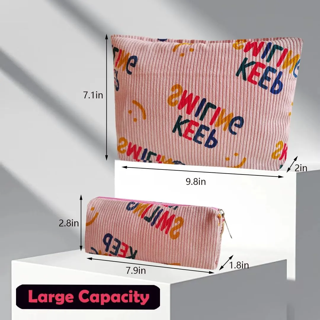 Women Makeup Bag - Corduroy Cosmetic Bag and Cosmetic Brush Bag Set of Two,Fashion Cosmetic Organizer,Sister Gift,Large Capacity Travel Toiletry Bag(pink letters)