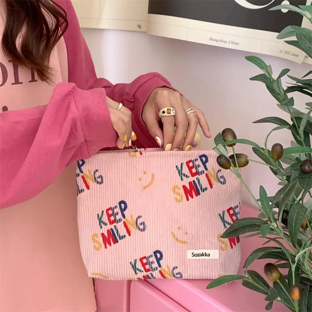 Women Makeup Bag - Corduroy Cosmetic Bag and Cosmetic Brush Bag Set of Two,Fashion Cosmetic Organizer,Sister Gift,Large Capacity Travel Toiletry Bag(pink letters)