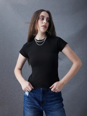 Women Premium Cotton Stretch Slim Fit Black T Shirt