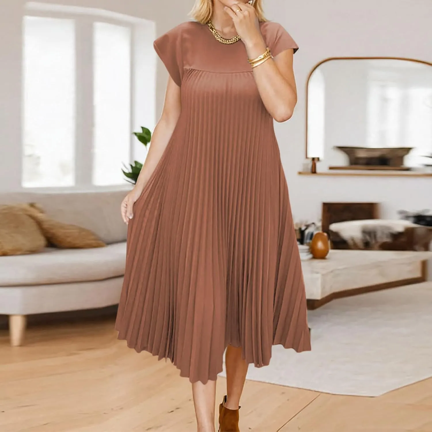 Women T Shirt Smocked Pleated Midi Dress 2025 Summer Plus Size Casual Short Sleeve Swing Dresses High Waist A-Line