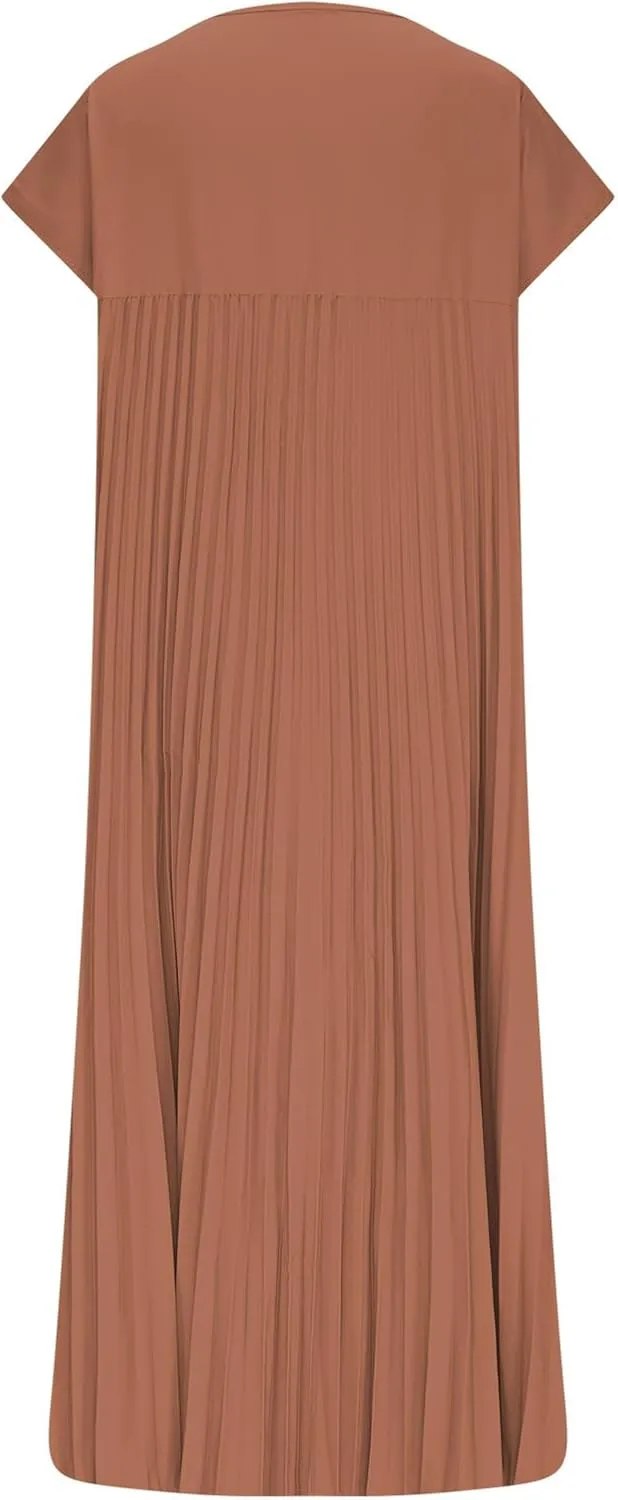 Women T Shirt Smocked Pleated Midi Dress 2025 Summer Plus Size Casual Short Sleeve Swing Dresses High Waist A-Line