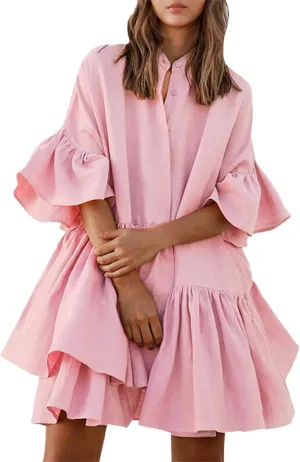 Women Tie Front Elastic Waist Tiered Ruffle Layer Floral Balloon Long Sleeve V Neck Dress Casual Skirts for Women