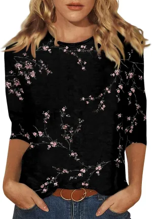 Womens 3/4 Sleeve Tops 2025 Spring Summer Print Round Neck Shirts Loose Fit Fashion Three Quarter Sleeve Tshirts