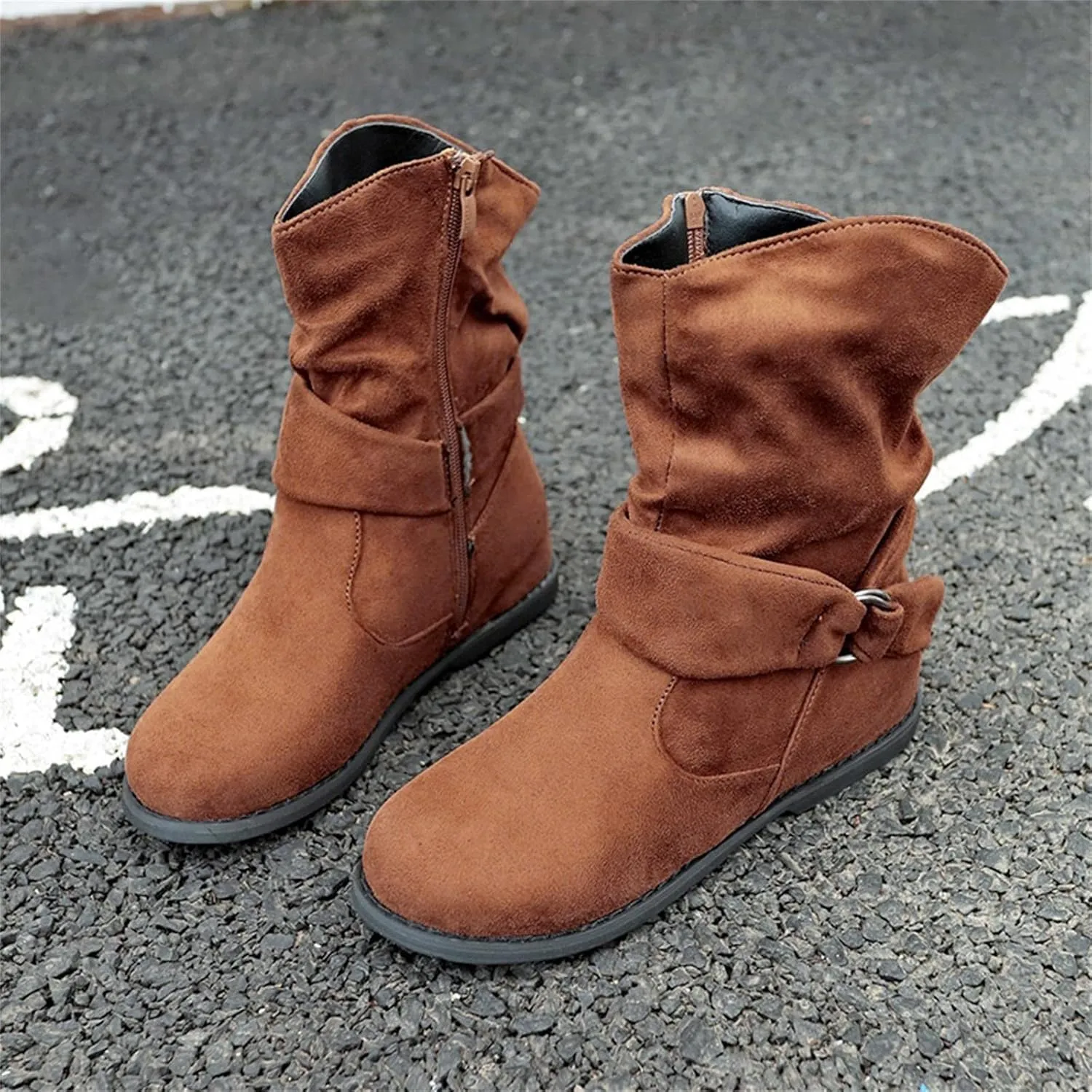 Women's Arch Support Wide Calf Boots,Stylish Slouchy Ruched Suede Round Toe Flat Ankle Booties with Side Zipper Casual Comfortable Winter Fall Mid Calf Dress Short Boots