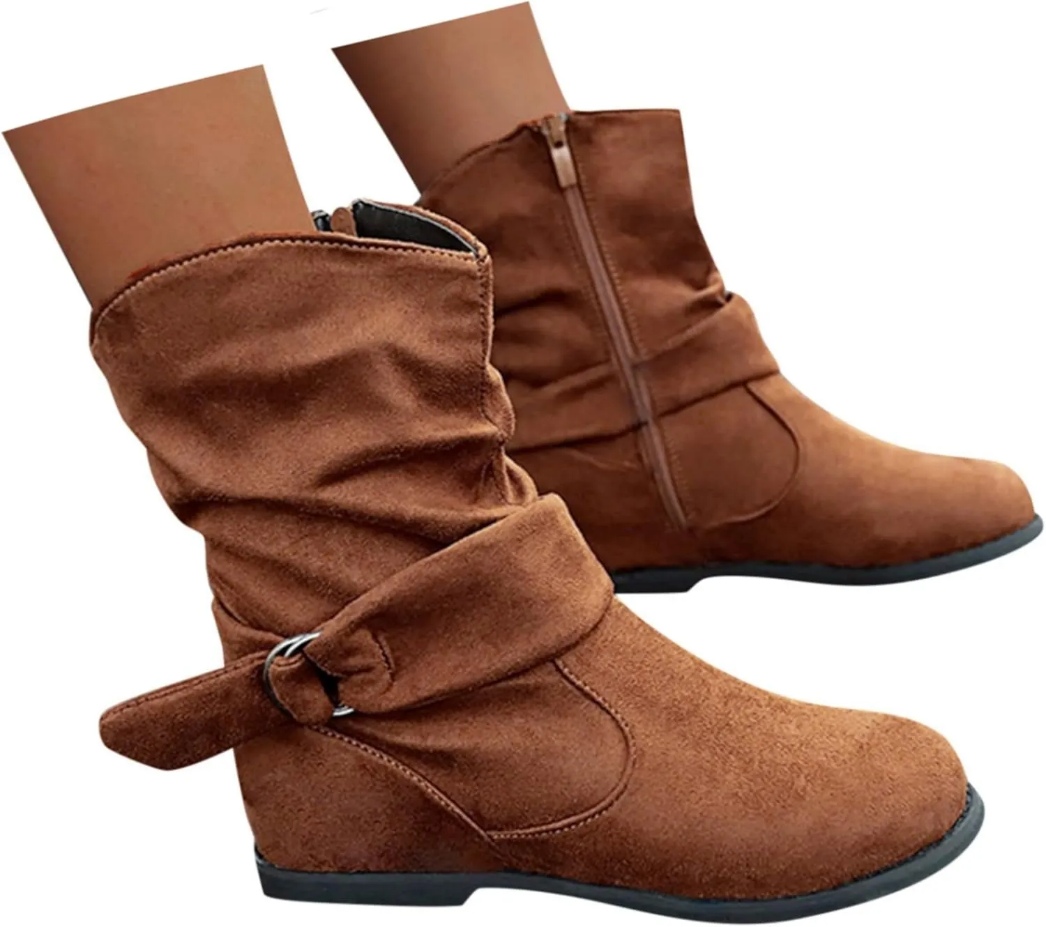 Women's Arch Support Wide Calf Boots,Stylish Slouchy Ruched Suede Round Toe Flat Ankle Booties with Side Zipper Casual Comfortable Winter Fall Mid Calf Dress Short Boots