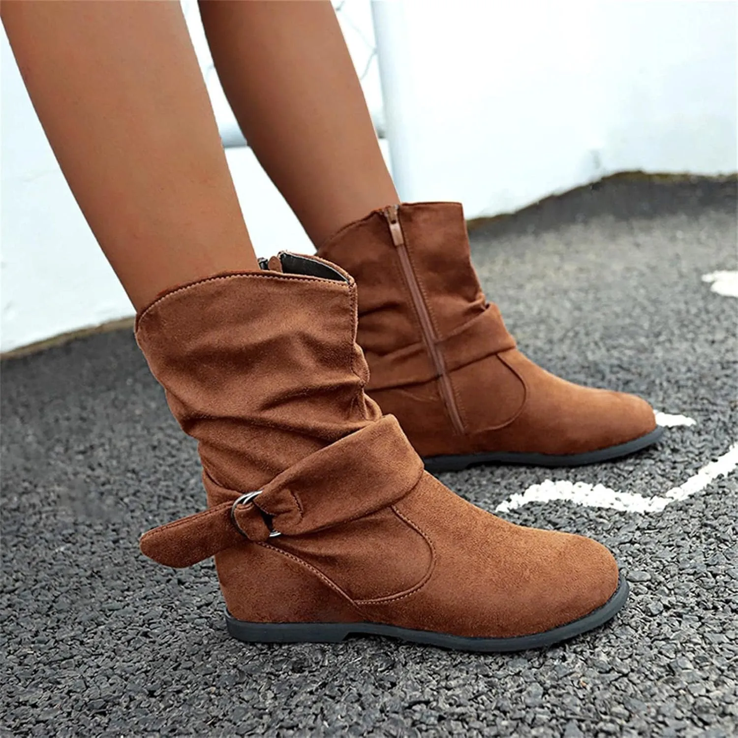 Women's Arch Support Wide Calf Boots,Stylish Slouchy Ruched Suede Round Toe Flat Ankle Booties with Side Zipper Casual Comfortable Winter Fall Mid Calf Dress Short Boots