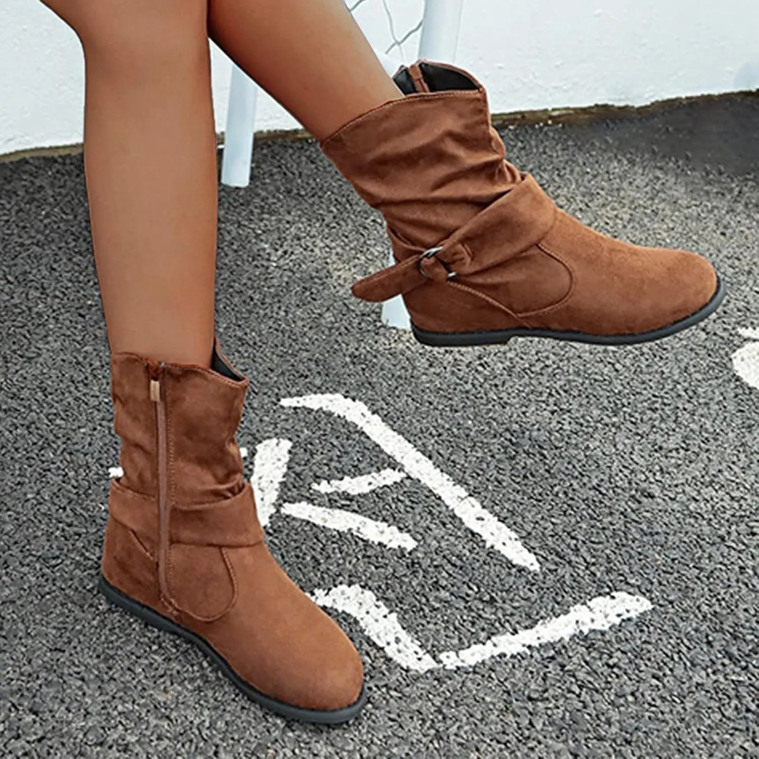 Women's Arch Support Wide Calf Boots,Stylish Slouchy Ruched Suede Round Toe Flat Ankle Booties with Side Zipper Casual Comfortable Winter Fall Mid Calf Dress Short Boots