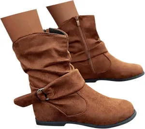 Women's Arch Support Wide Calf Boots,Stylish Slouchy Ruched Suede Round Toe Flat Ankle Booties with Side Zipper Casual Comfortable Winter Fall Mid Calf Dress Short Boots