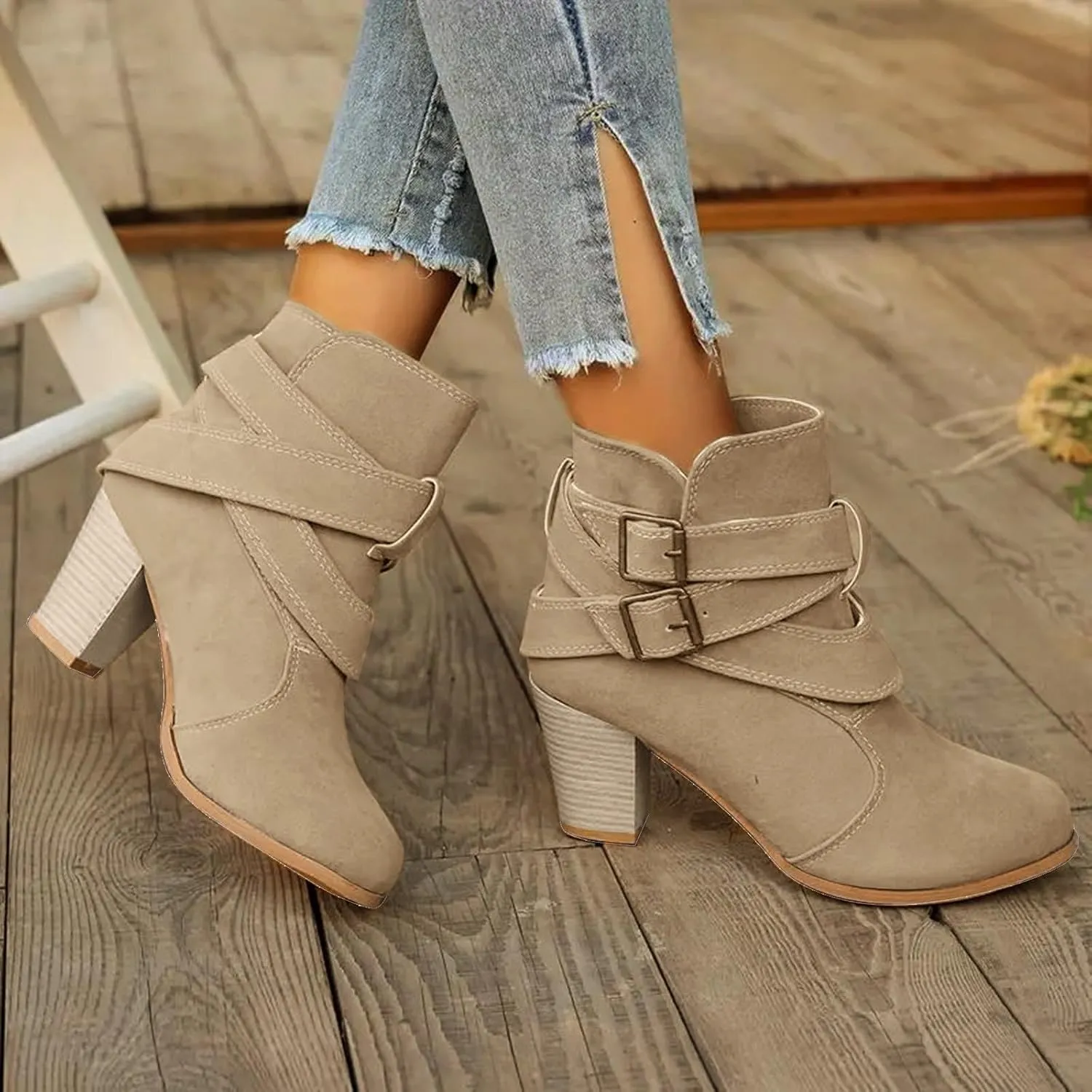 Womens Boots Ankle Heels Winter and Fall Boots for Women 2024 Low Heel Round Toe Chunky High Heel Belt Buckle Booties
