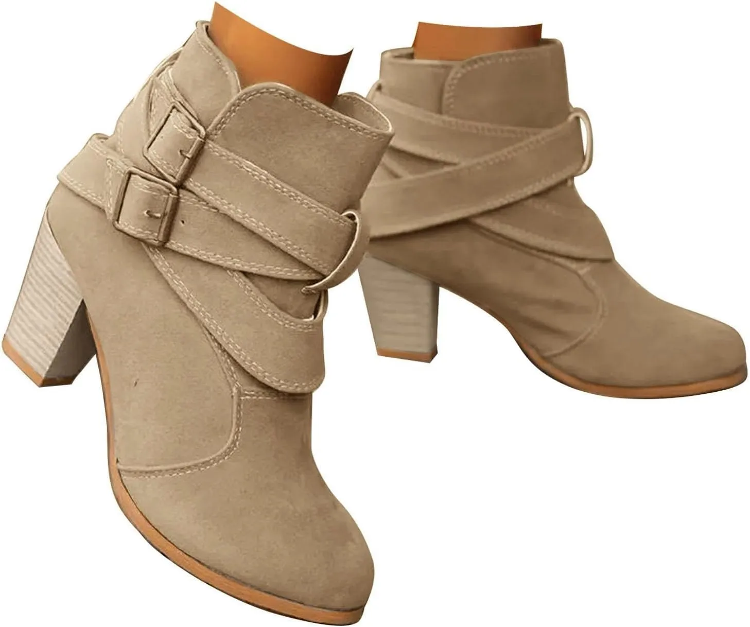 Womens Boots Ankle Heels Winter and Fall Boots for Women 2024 Low Heel Round Toe Chunky High Heel Belt Buckle Booties
