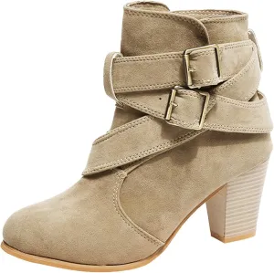 Womens Boots Ankle Heels Winter and Fall Boots for Women 2024 Low Heel Round Toe Chunky High Heel Belt Buckle Booties