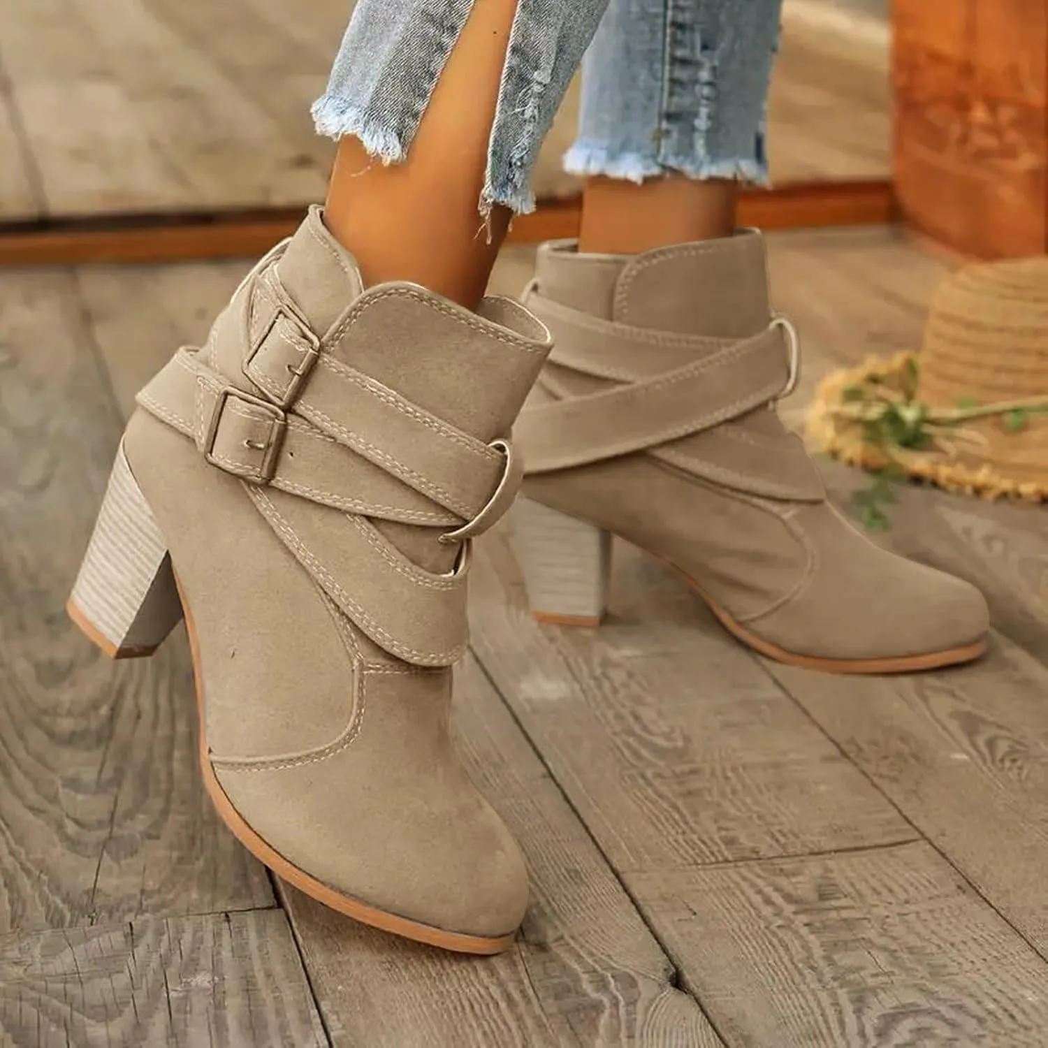 Womens Boots Ankle Heels Winter and Fall Boots for Women 2024 Low Heel Round Toe Chunky High Heel Belt Buckle Booties