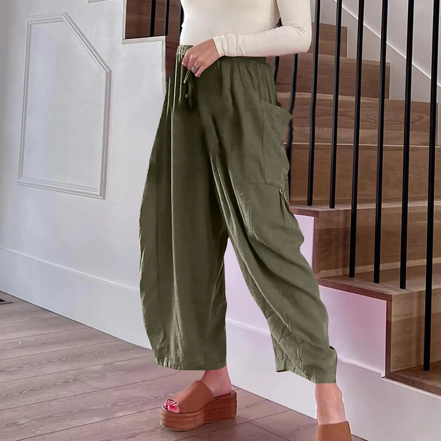 Women's Casual Baggy Pants Boho Harem Pants Loose Travel Pants Drawstring Beach Pants Comfy Summer Pants Trousers