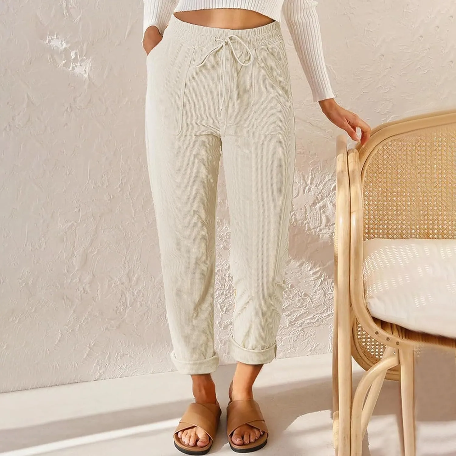 Womens Corduroy Pants Comfy Straight Leg Pants Work Pants Casual Ladies Loose Elastic Waist Pants with Pockets