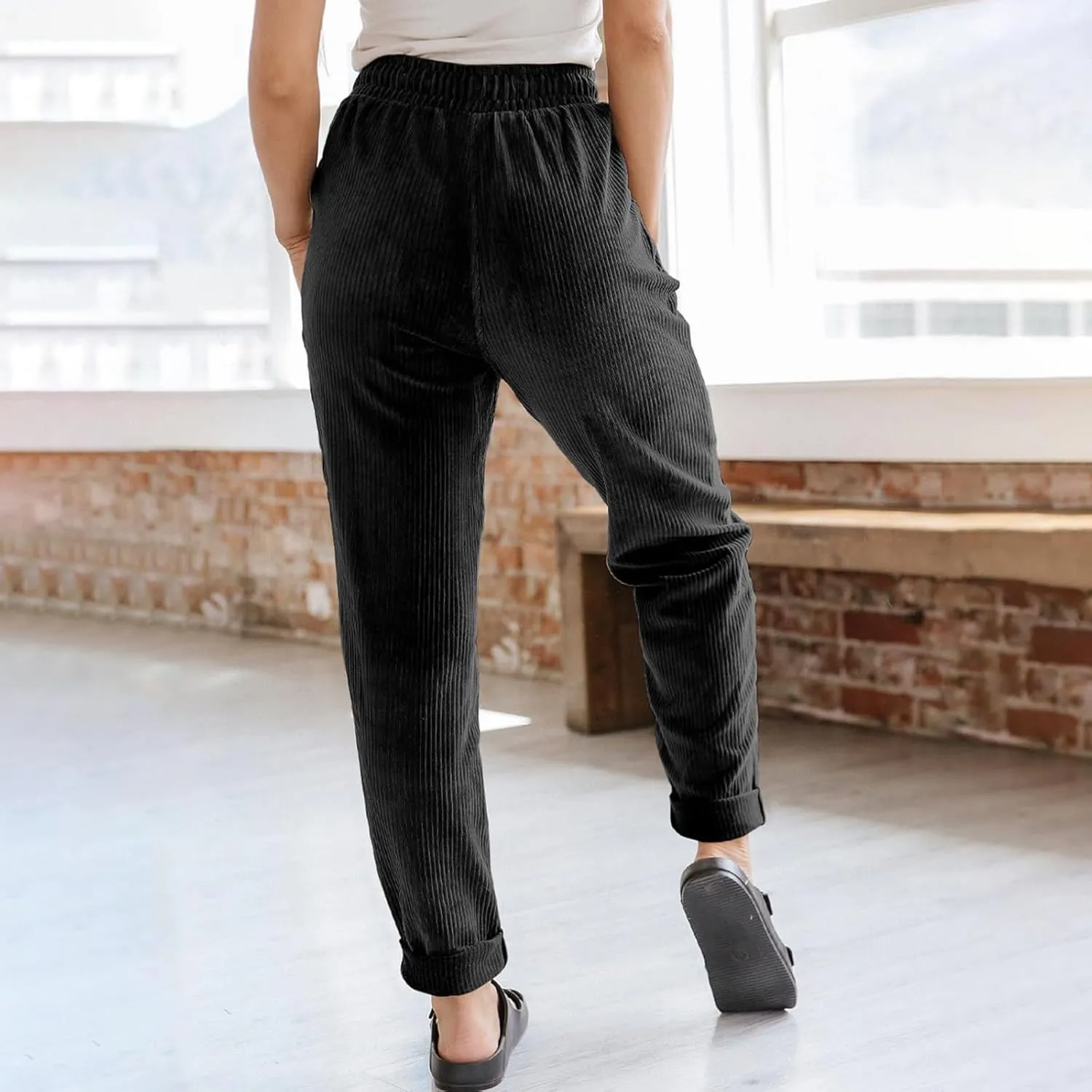 Womens Corduroy Pants Comfy Straight Leg Pants Work Pants Casual Ladies Loose Elastic Waist Pants with Pockets