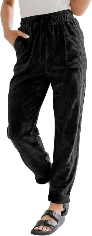 Womens Corduroy Pants Comfy Straight Leg Pants Work Pants Casual Ladies Loose Elastic Waist Pants with Pockets