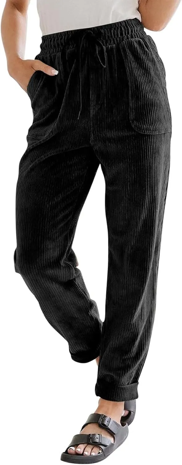 Womens Corduroy Pants Comfy Straight Leg Pants Work Pants Casual Ladies Loose Elastic Waist Pants with Pockets