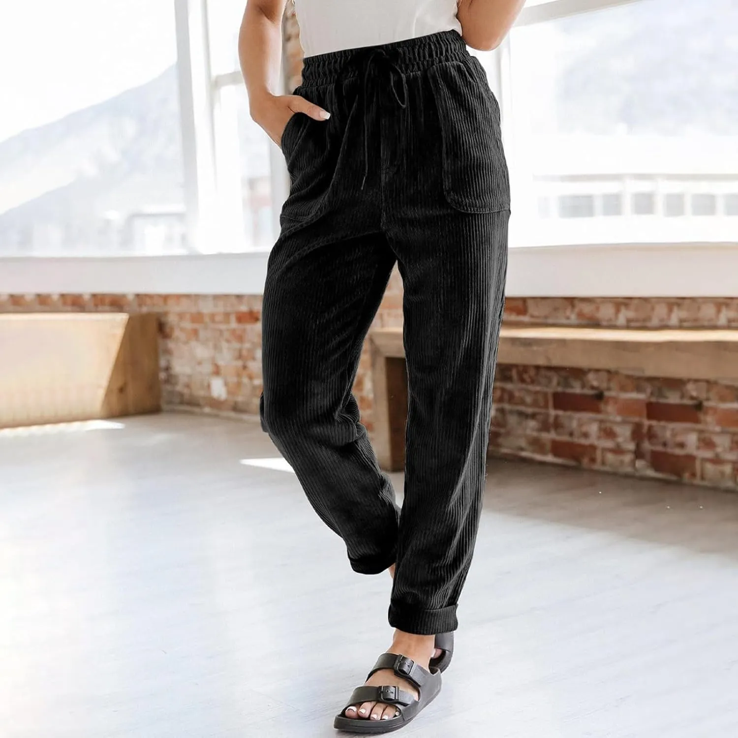 Womens Corduroy Pants Comfy Straight Leg Pants Work Pants Casual Ladies Loose Elastic Waist Pants with Pockets