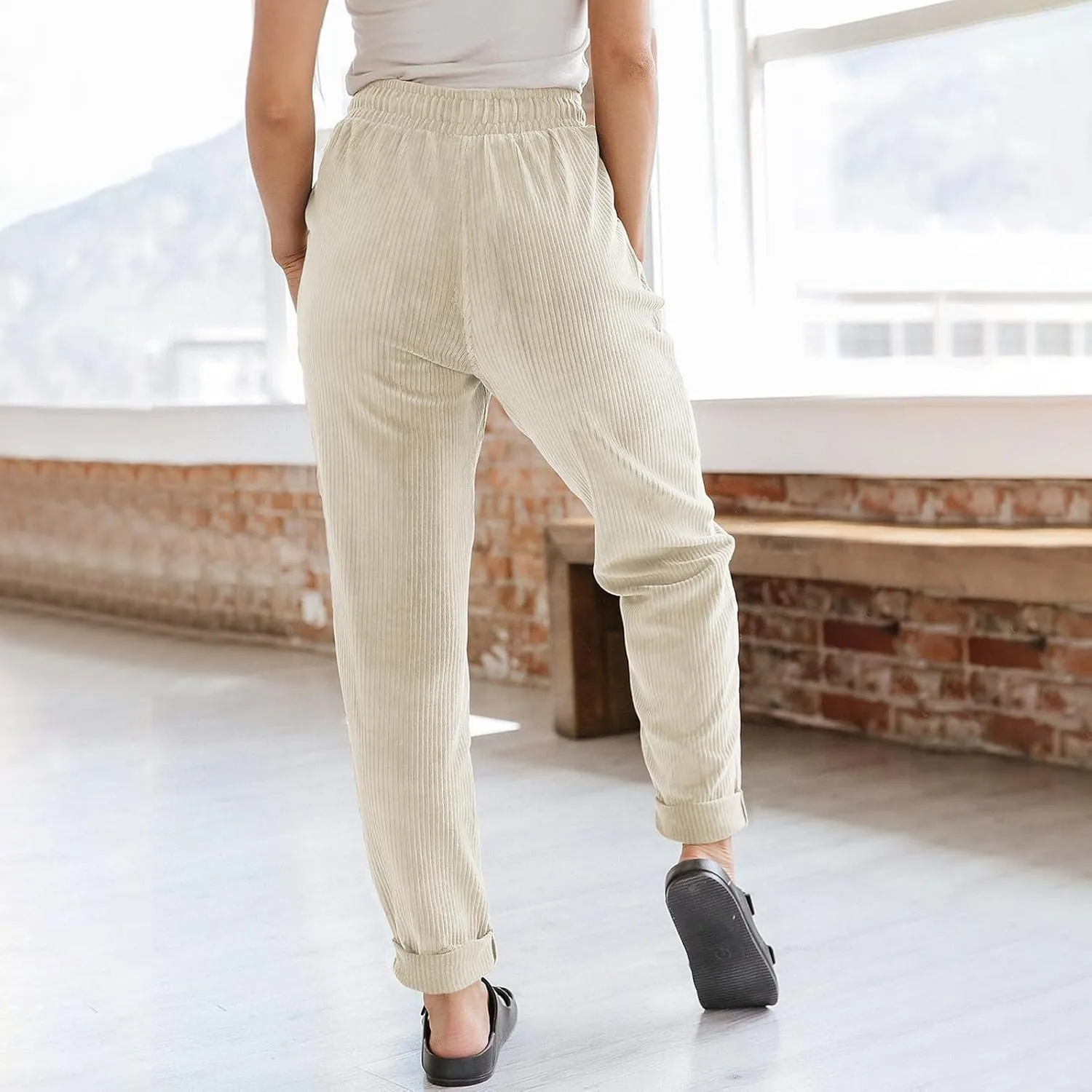 Womens Corduroy Pants Comfy Straight Leg Pants Work Pants Casual Ladies Loose Elastic Waist Pants with Pockets