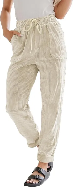 Womens Corduroy Pants Comfy Straight Leg Pants Work Pants Casual Ladies Loose Elastic Waist Pants with Pockets