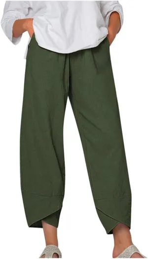 Women's Cotton Linen Harem Pants High Waisted Wide Leg Pants Casual Work Pants Summer Beach Pants Short Lounge Pants