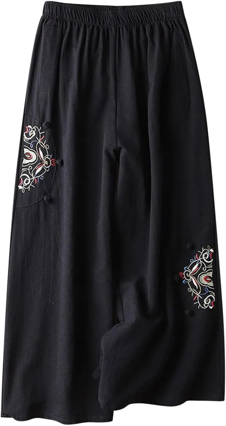 Womens Cotton Linen Pants Button Side Pants Elastic Waist Pants Wide Leg Casual Pants Dressy Pants with Pockets