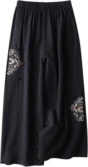 Womens Cotton Linen Pants Button Side Pants Elastic Waist Pants Wide Leg Casual Pants Dressy Pants with Pockets