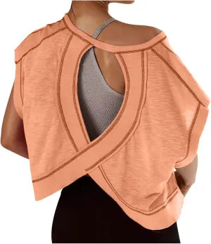 Womens Crop Workout Tops Cap Sleeve Tops Summer Cropped Shirts Open Back Blouses
