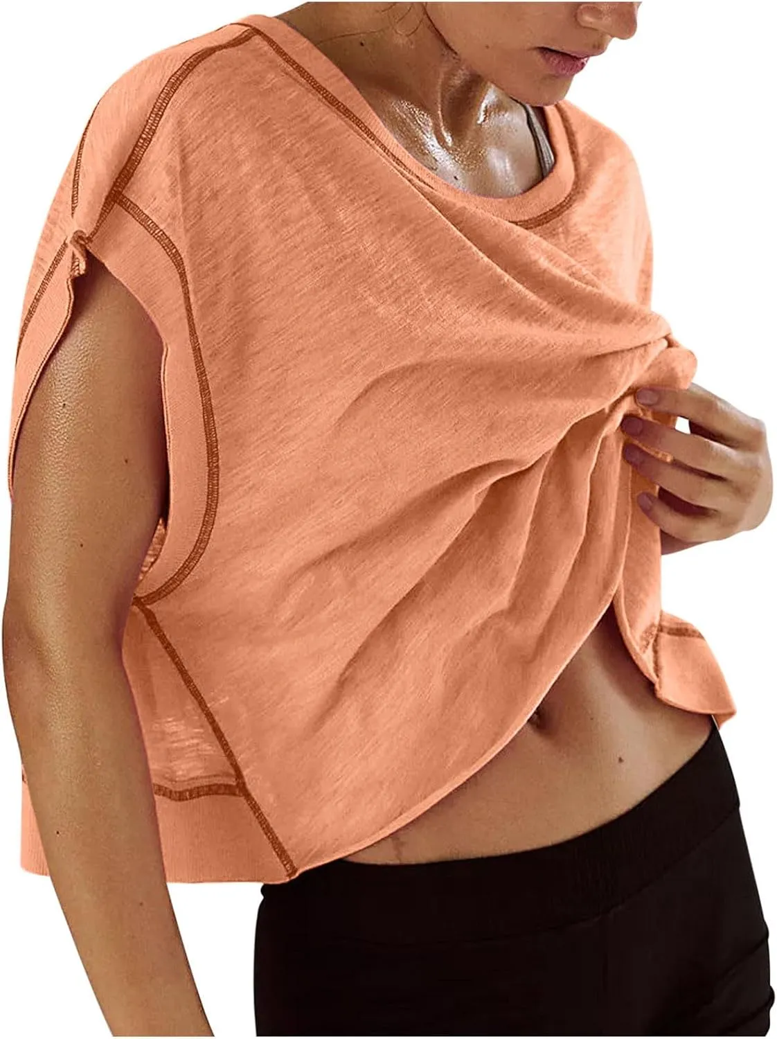 Womens Crop Workout Tops Cap Sleeve Tops Summer Cropped Shirts Open Back Blouses