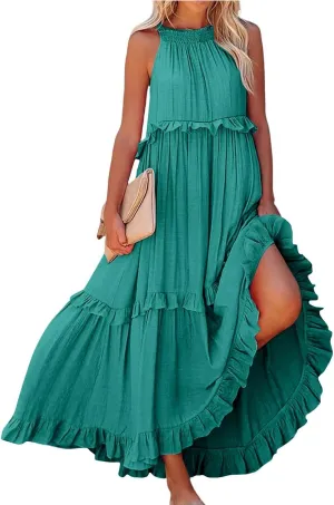 Womens Halter Maxi Dress Sleeveless Sexy Tiered Flowy Summer Loose Smocked Ruffle Swing Beach Dress with Pockets