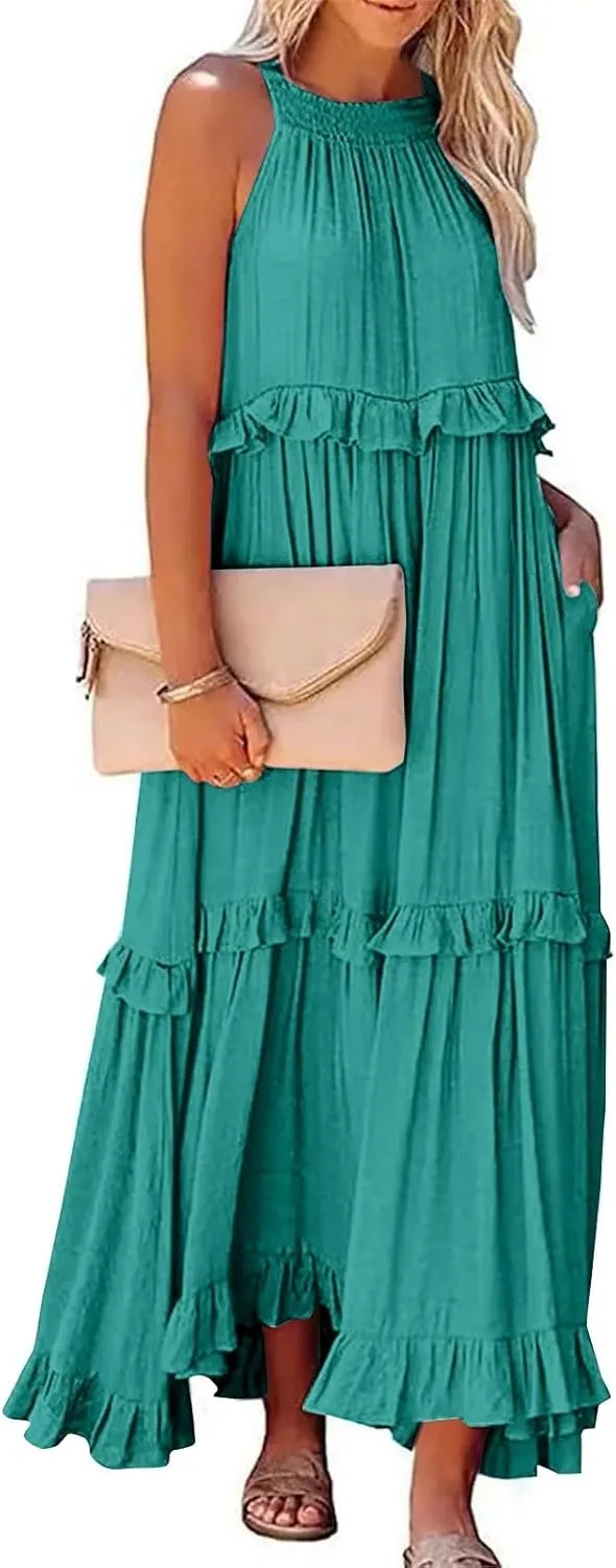 Womens Halter Maxi Dress Sleeveless Sexy Tiered Flowy Summer Loose Smocked Ruffle Swing Beach Dress with Pockets